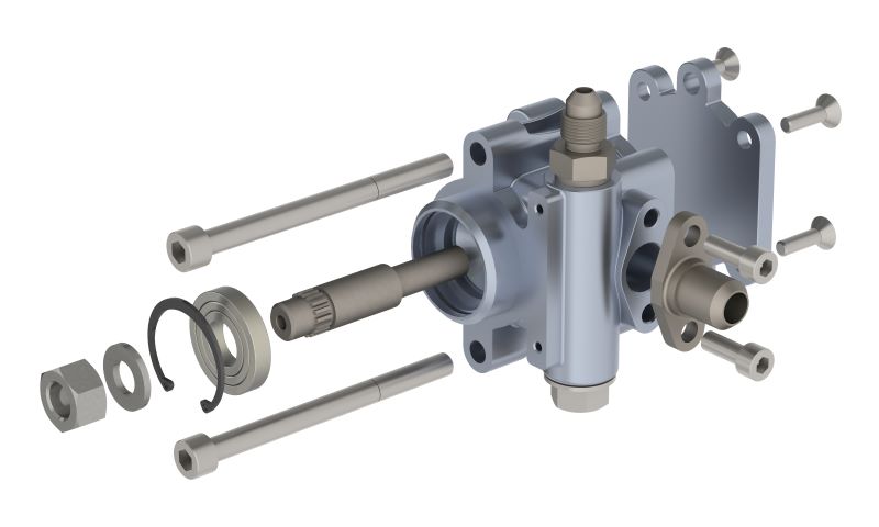 Exploded view of a precision mechanical assembly with machined housing, shaft, bearings, and fastening components