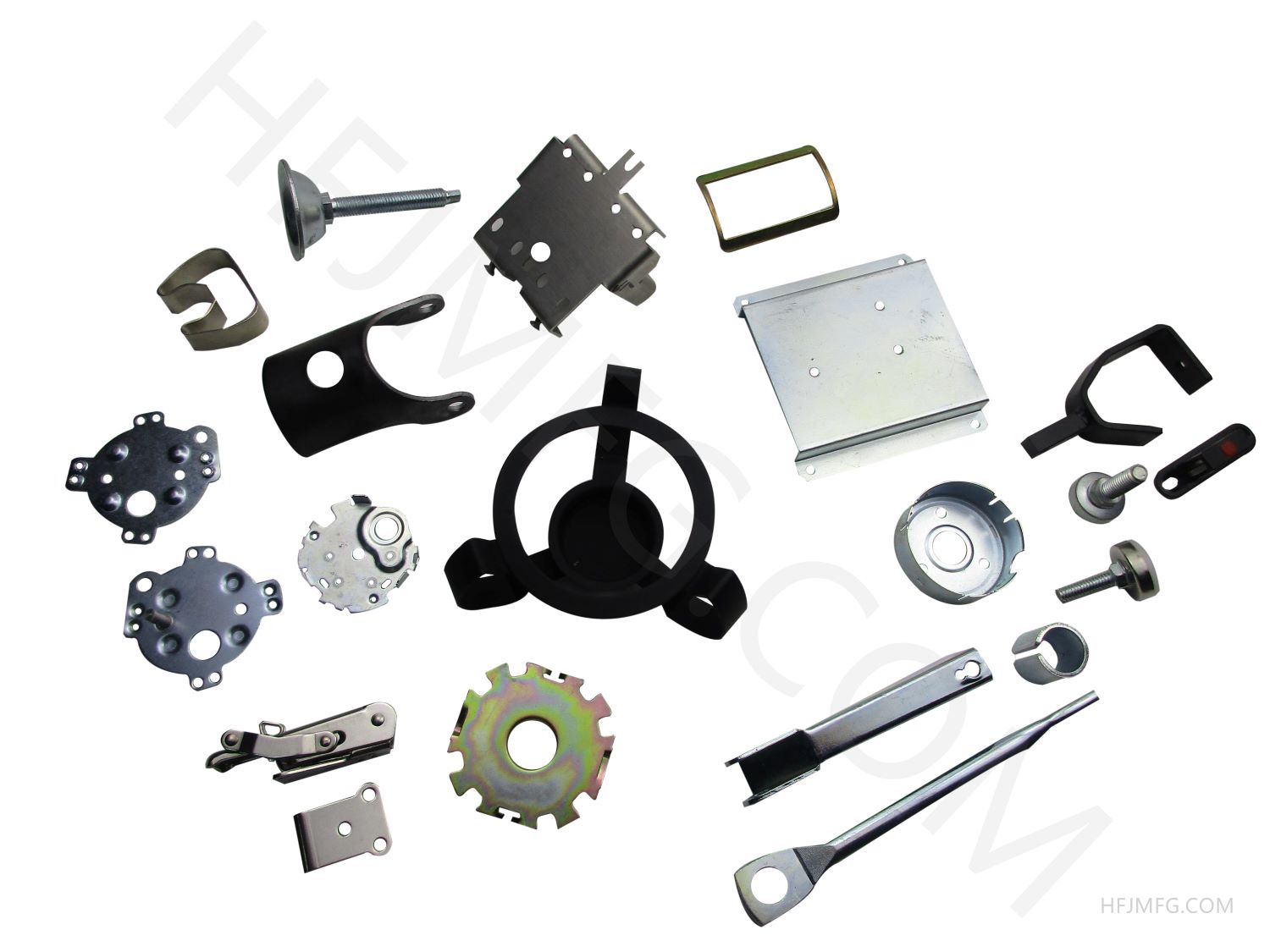Various custom metal stamping parts including sheet metal components