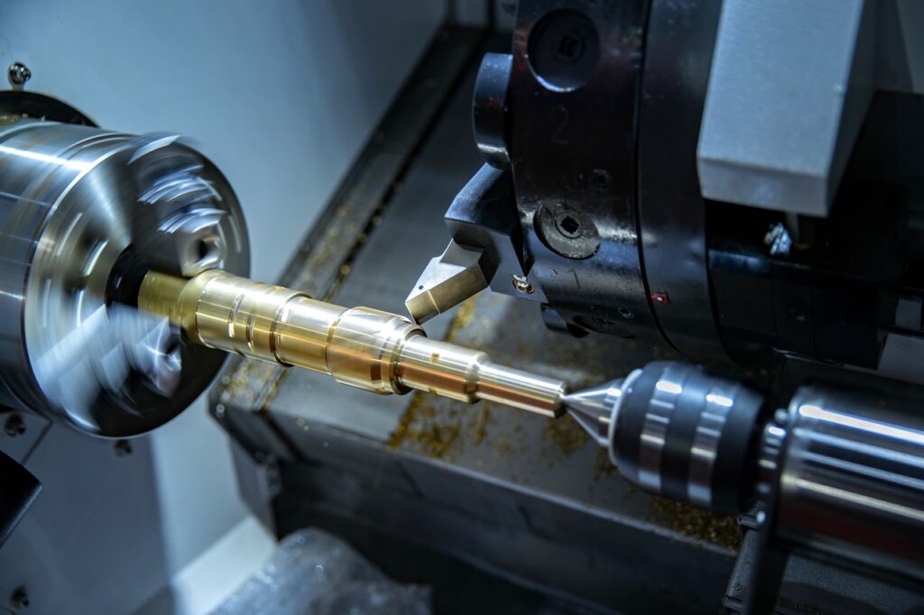 Precision CNC turning process machining a custom metal shaft on a CNC lathe machine
