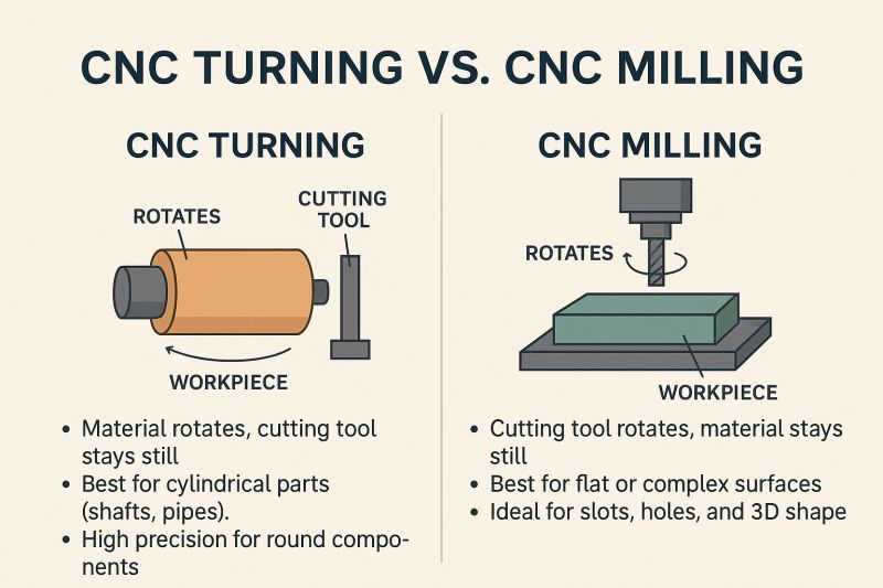 Comparison between CNC turning and CNC milling processes showing how each method works