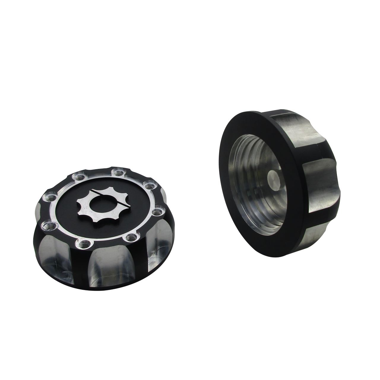 precision CNC machined aluminum gas cap with anodized finish and secondary machining for contrast surface features
