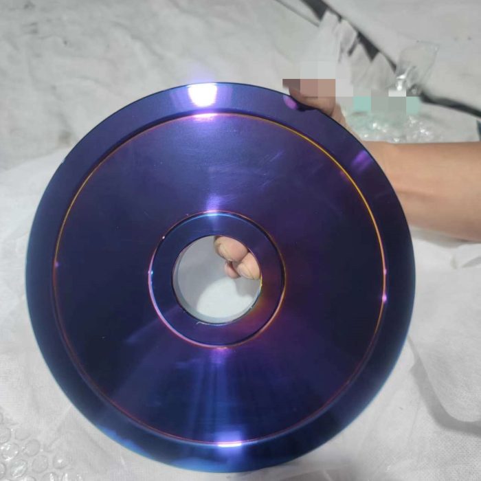 Premium steel barbell plate with colorful blue PVD titanium coating for custom fitness equipment