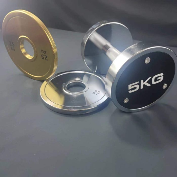 Precision machined steel gym weight plates with gold PVD titanium coating and chrome plated dumbbell finish