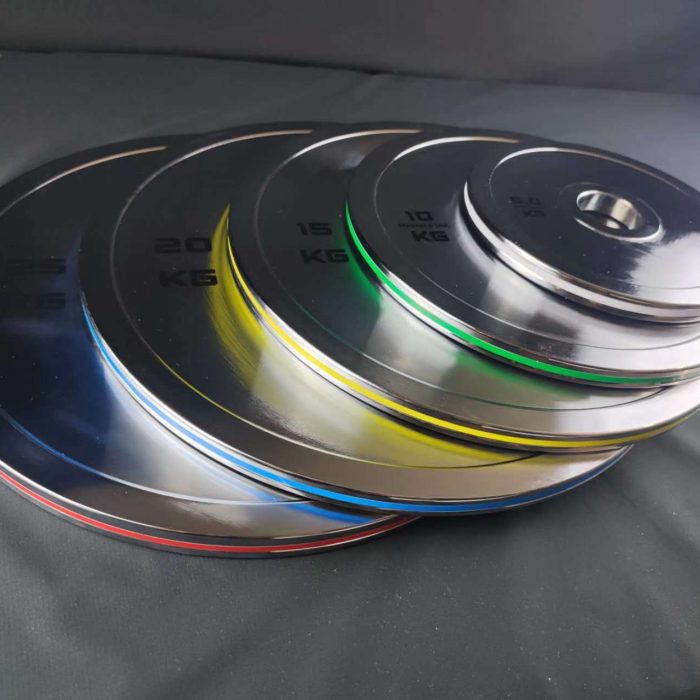 Precision machined steel weight plates with polished chrome plating and colored edge design