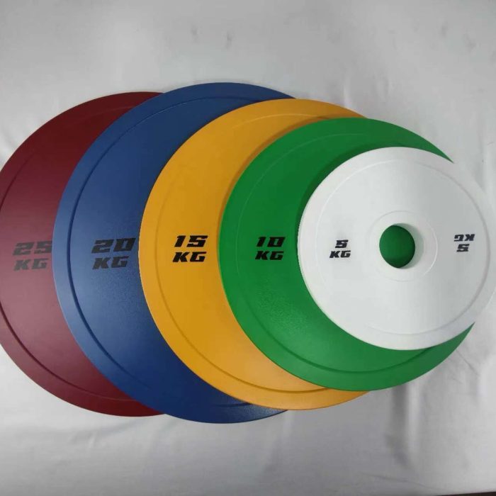 Precision manufactured steel barbell weight plates with durable colored powder coating