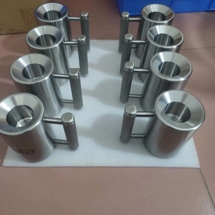 CNC turned 304 stainless steel dumbbell cup with screw fastened handle and brushed surface finish